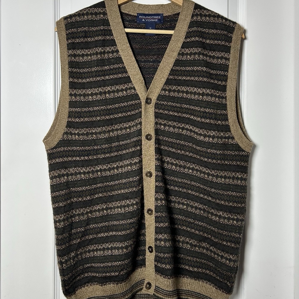 Roundtree & Yorke Vintage 90s Wool Blend Olive Brown Stripe Button Sweater Vest